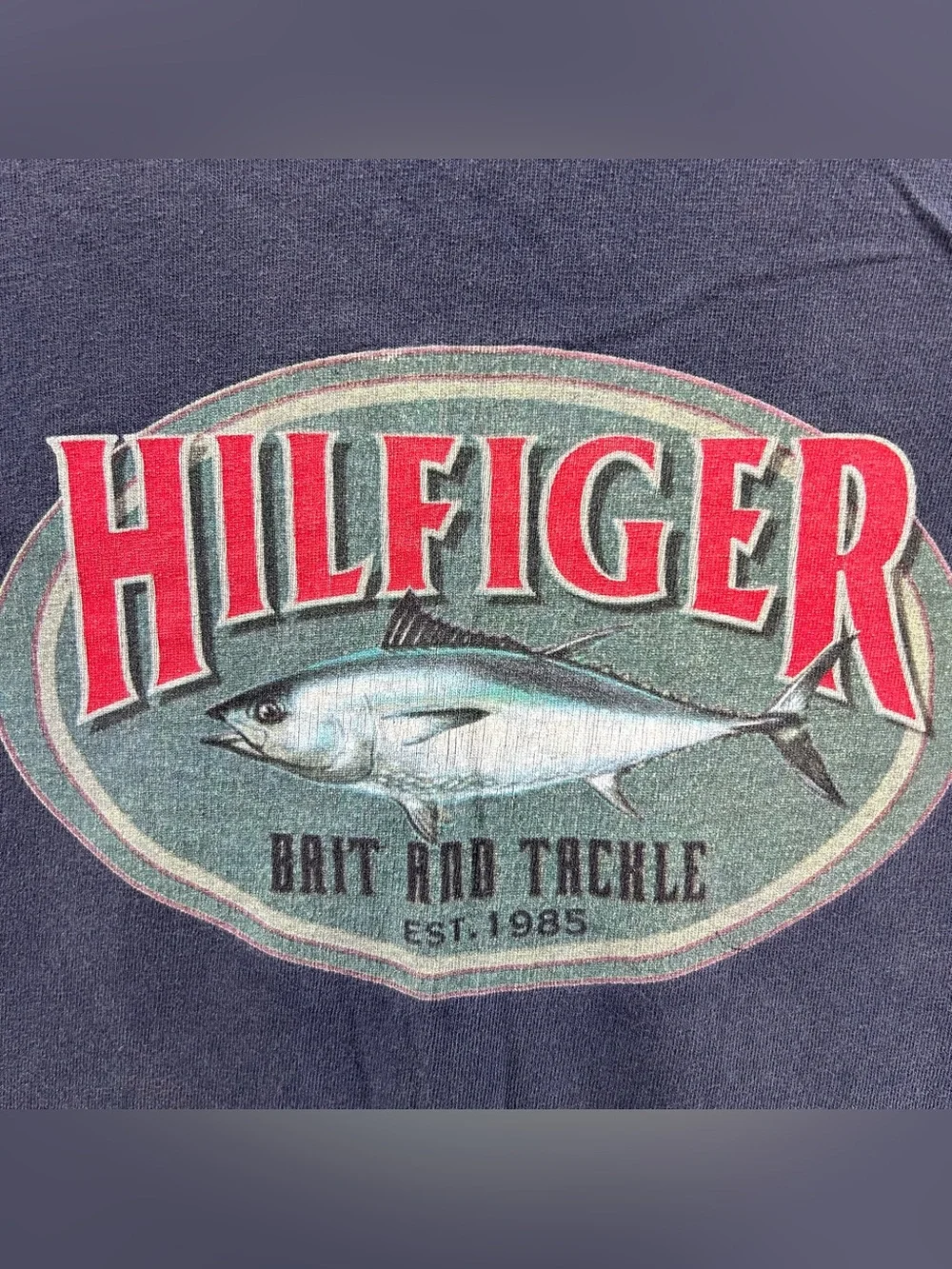Vintage Tommy Hilfiger Shirt Mens Large Navy Blue Bait & Tackle Fishing 90s Boxy
